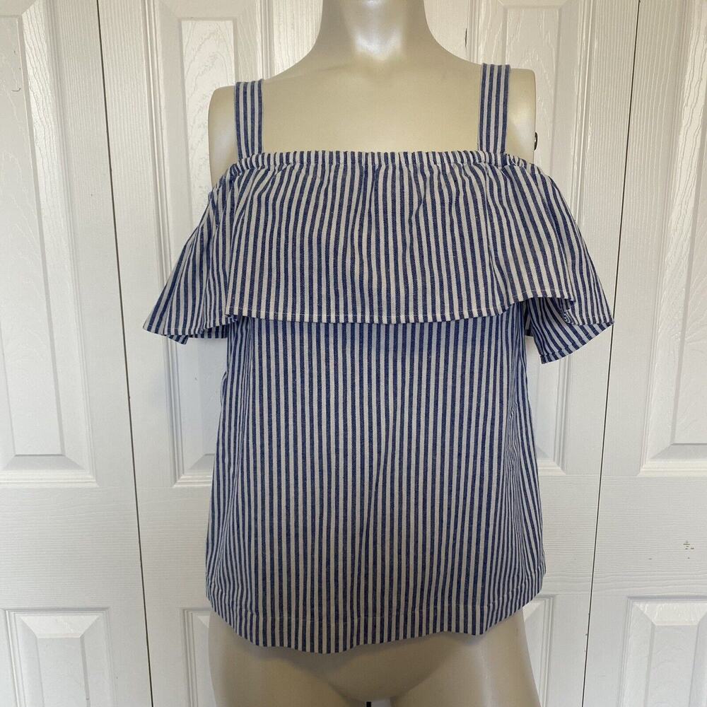 women’s J Crew flounce off the shoulder stripe tank top size 4 Blue White